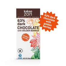 Load image into Gallery viewer, KakaoZon 63% Dark Chocolate with Goldenberries • 2.82oz Bar
